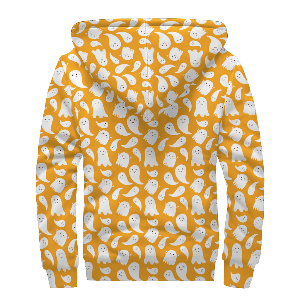 Little Halloween Ghost Pattern Print Sherpa Lined Zip Up Hoodie