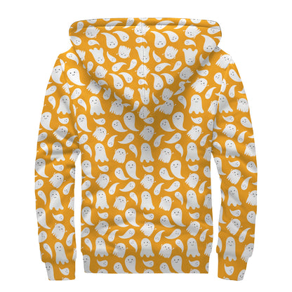 Little Halloween Ghost Pattern Print Sherpa Lined Zip Up Hoodie