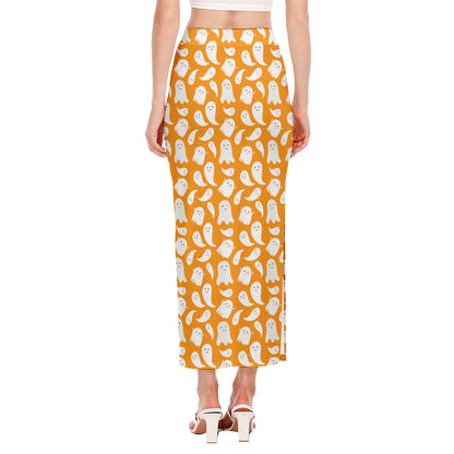 Little Halloween Ghost Pattern Print Side Slit Maxi Skirt