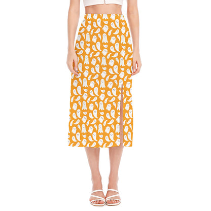 Little Halloween Ghost Pattern Print Side Slit Midi Skirt
