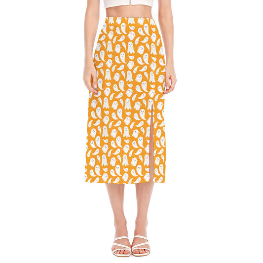 Little Halloween Ghost Pattern Print Side Slit Midi Skirt