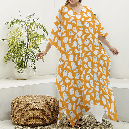 Little Halloween Ghost Pattern Print Silk V-Neck Kaftan Dress