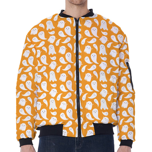 Little Halloween Ghost Pattern Print Zip Sleeve Bomber Jacket