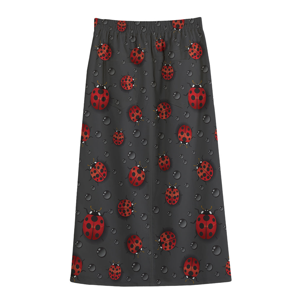 Little Ladybird Pattern Print Cotton Front Slit Maxi Skirt