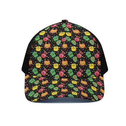Little Monster Pattern Print Black Mesh Trucker Cap