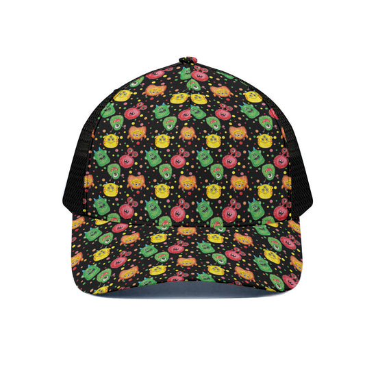 Little Monster Pattern Print Black Mesh Trucker Cap