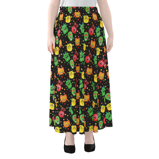 Little Monster Pattern Print Chiffon Maxi Skirt