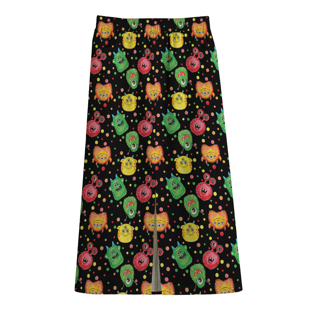 Little Monster Pattern Print Cotton Front Slit Maxi Skirt
