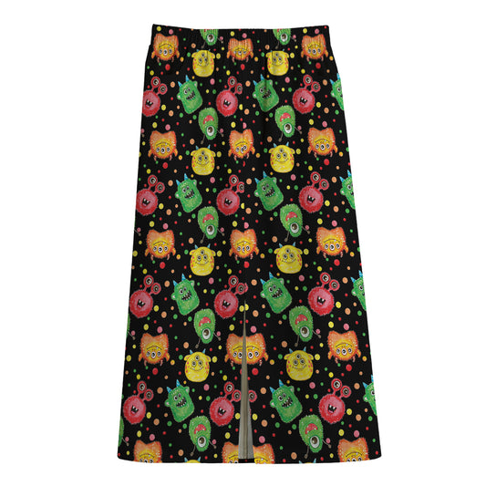 Little Monster Pattern Print Cotton Front Slit Maxi Skirt