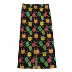 Little Monster Pattern Print Cotton Front Slit Maxi Skirt