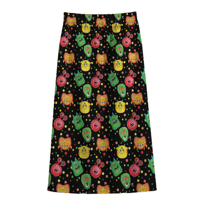 Little Monster Pattern Print Cotton Front Slit Maxi Skirt