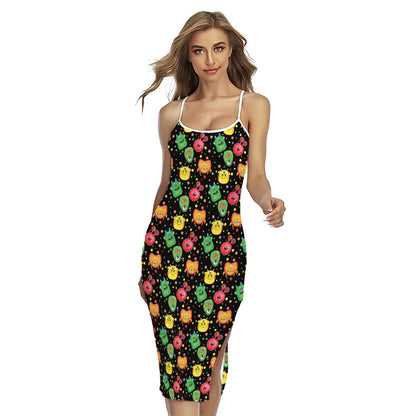 Little Monster Pattern Print Cross Back Cami Dress