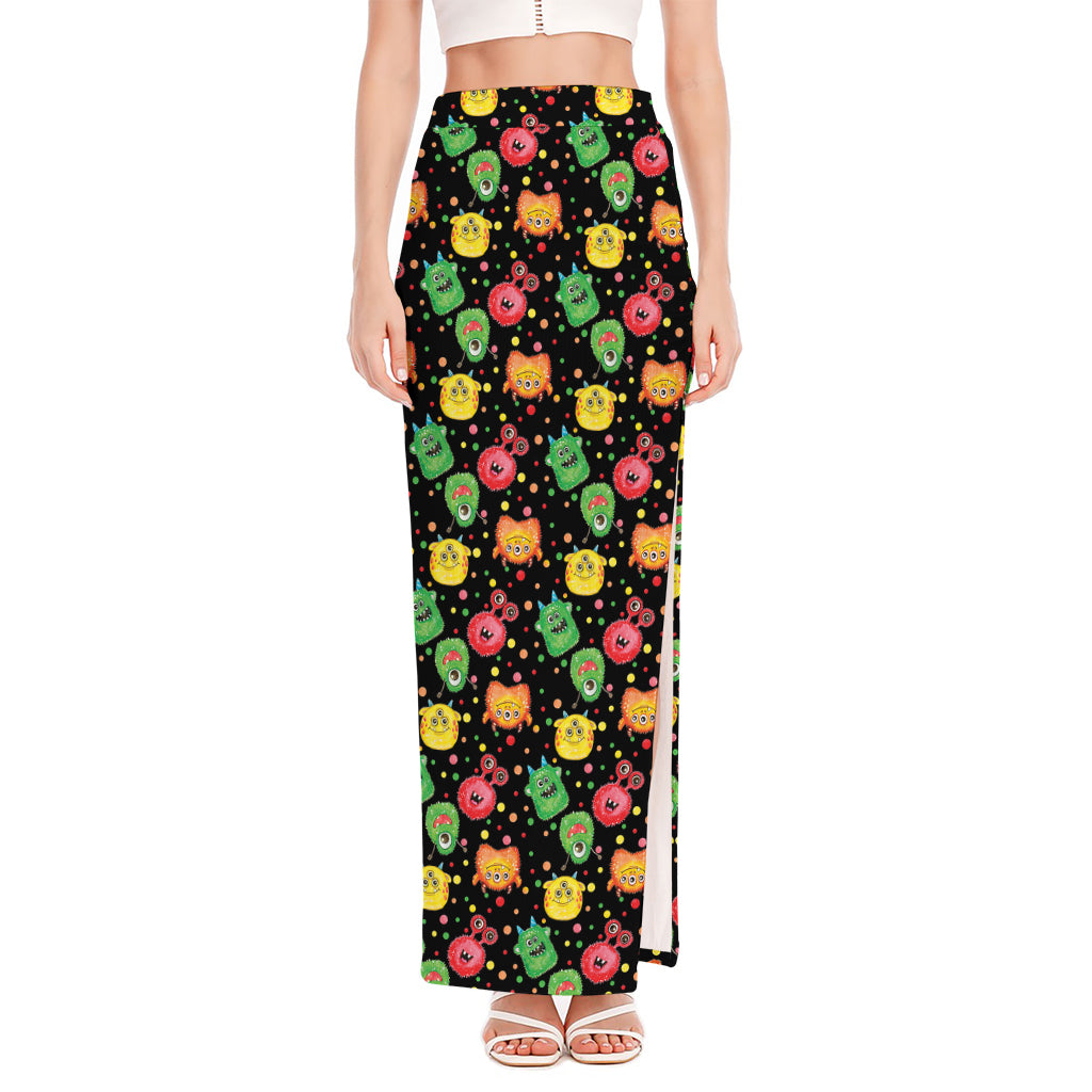 Little Monster Pattern Print High Slit Maxi Skirt