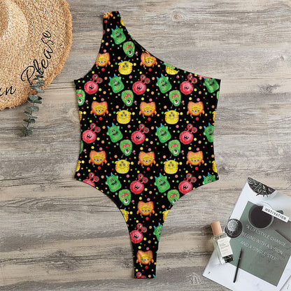 Little Monster Pattern Print One Shoulder Bodysuit