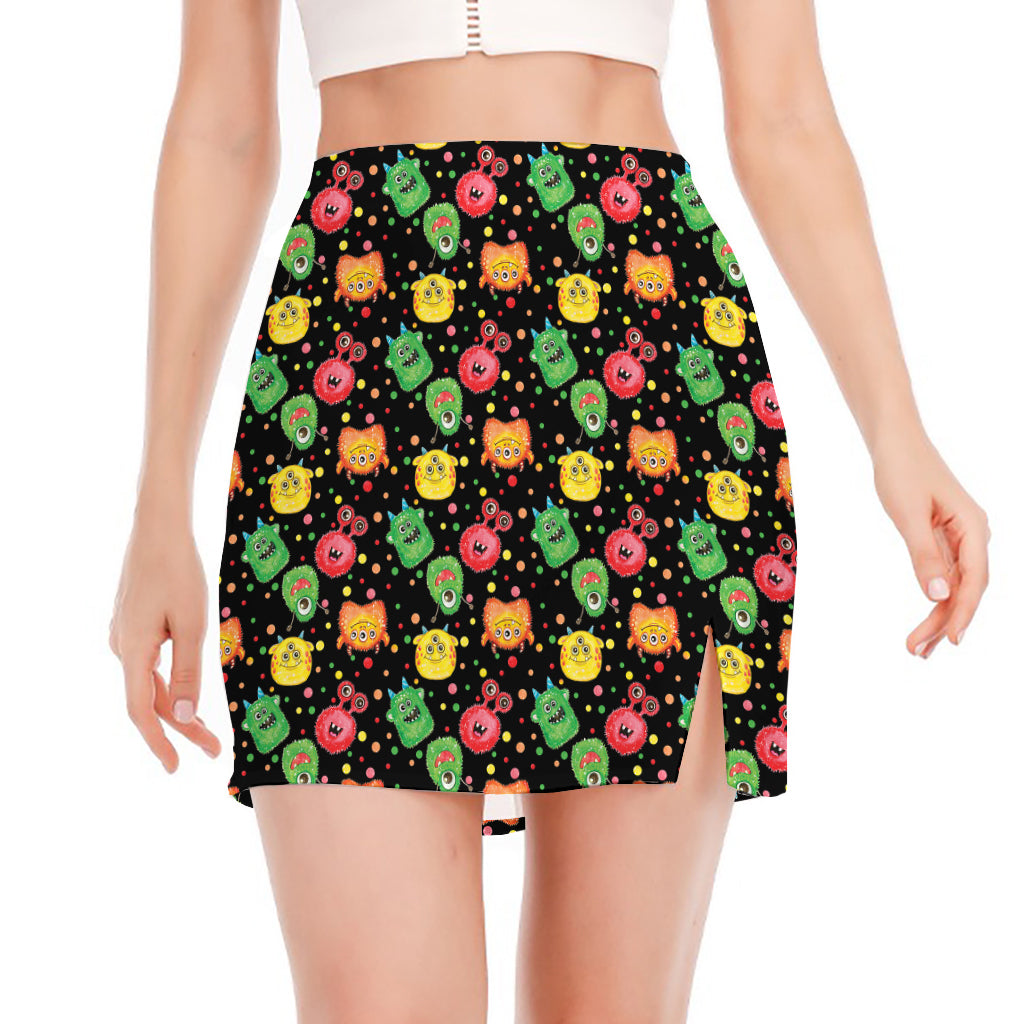 Little Monster Pattern Print Side Slit Mini Skirt
