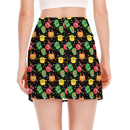 Little Monster Pattern Print Side Slit Mini Skirt