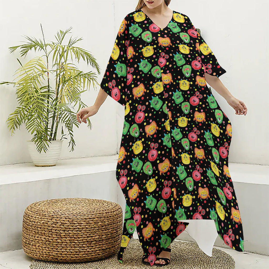 Little Monster Pattern Print Silk V-Neck Kaftan Dress