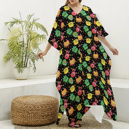 Little Monster Pattern Print Silk V-Neck Kaftan Dress