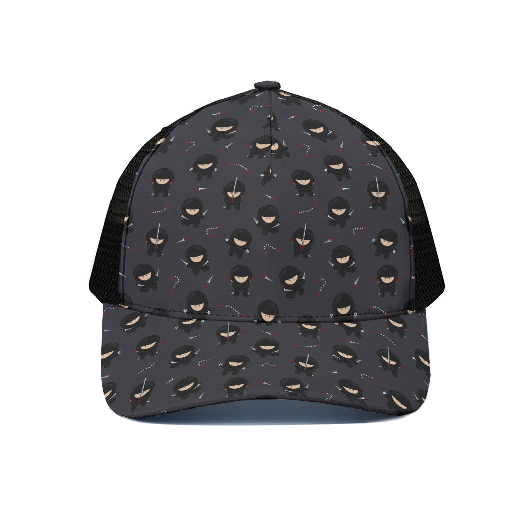 Little Ninja Pattern Print Black Mesh Trucker Cap