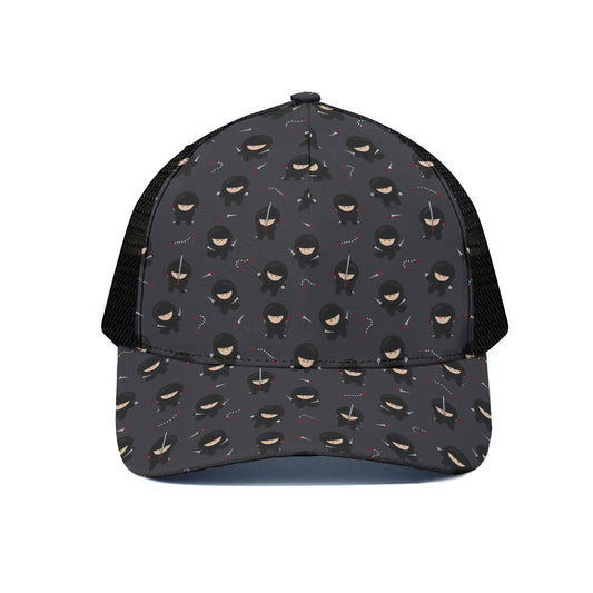 Little Ninja Pattern Print Black Mesh Trucker Cap