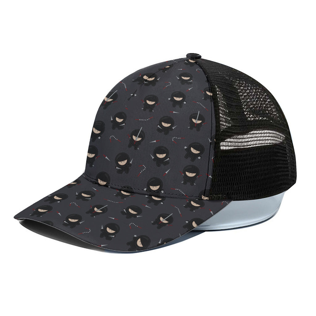 Little Ninja Pattern Print Black Mesh Trucker Cap