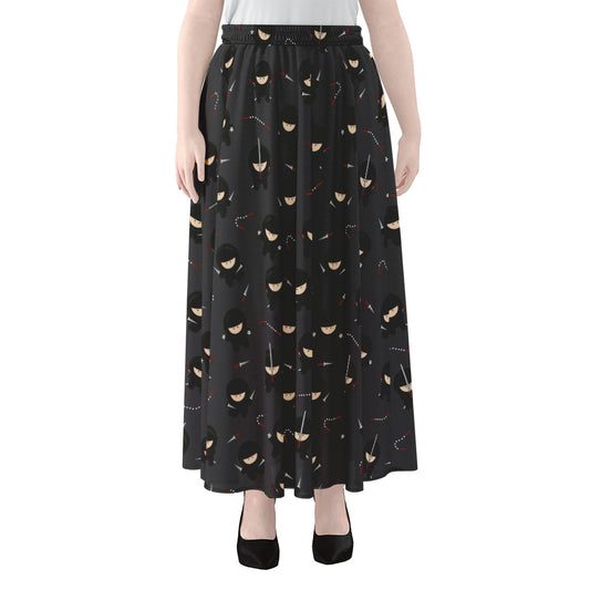 Little Ninja Pattern Print Chiffon Maxi Skirt