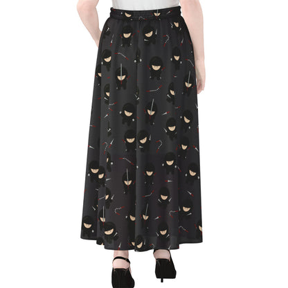 Little Ninja Pattern Print Chiffon Maxi Skirt