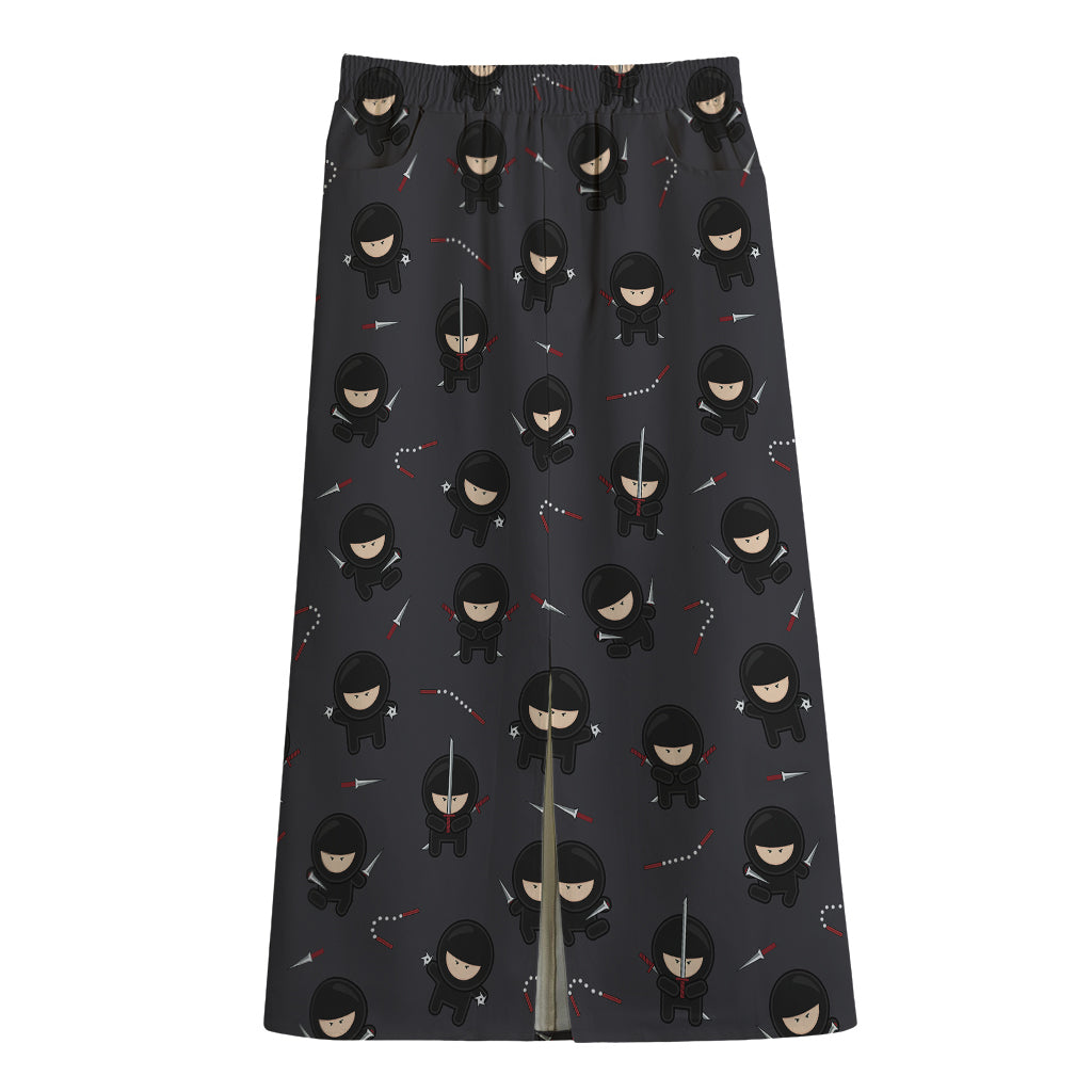 Little Ninja Pattern Print Cotton Front Slit Maxi Skirt