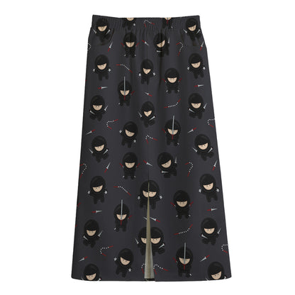 Little Ninja Pattern Print Cotton Front Slit Maxi Skirt