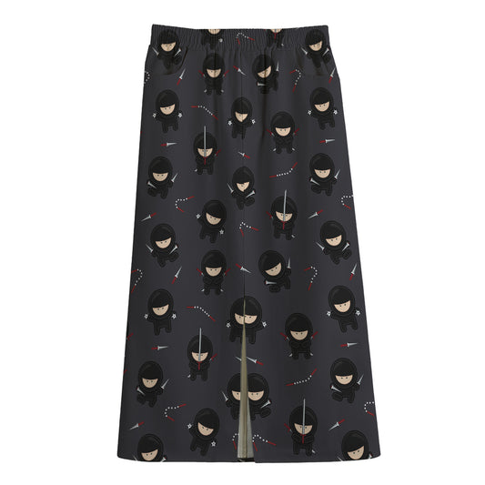 Little Ninja Pattern Print Cotton Front Slit Maxi Skirt