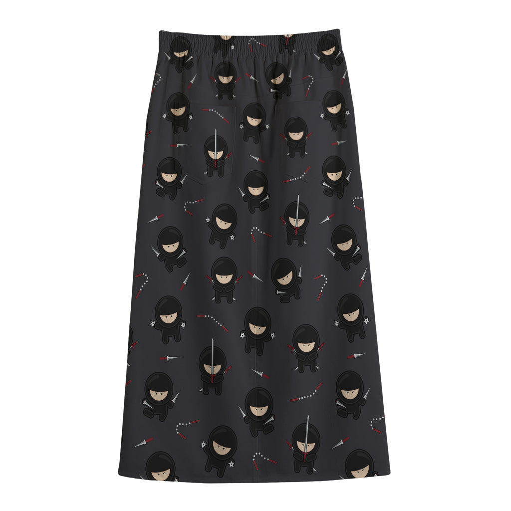 Little Ninja Pattern Print Cotton Front Slit Maxi Skirt