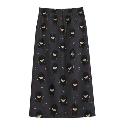 Little Ninja Pattern Print Cotton Front Slit Maxi Skirt