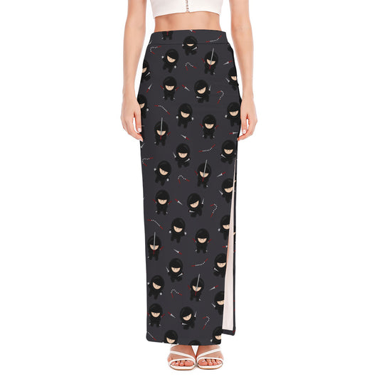 Little Ninja Pattern Print High Slit Maxi Skirt