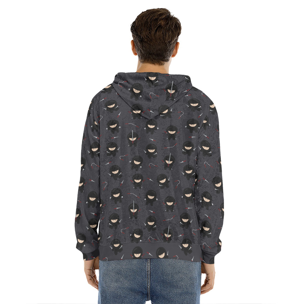 Little Ninja Pattern Print Men's Velvet Pullover Hoodie