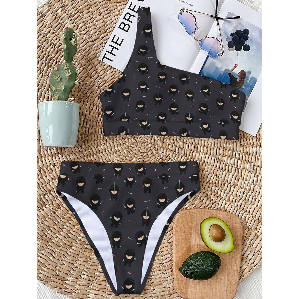 Little Ninja Pattern Print One Shoulder Bikini Top