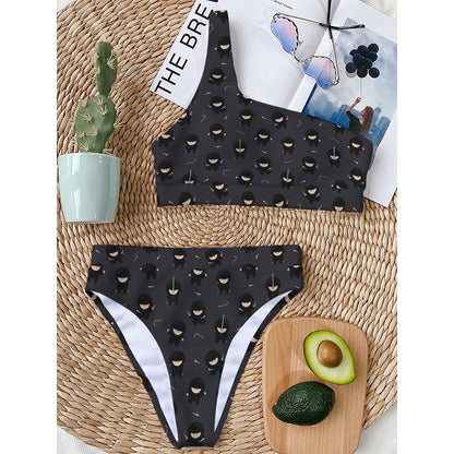 Little Ninja Pattern Print One Shoulder Bikini Top