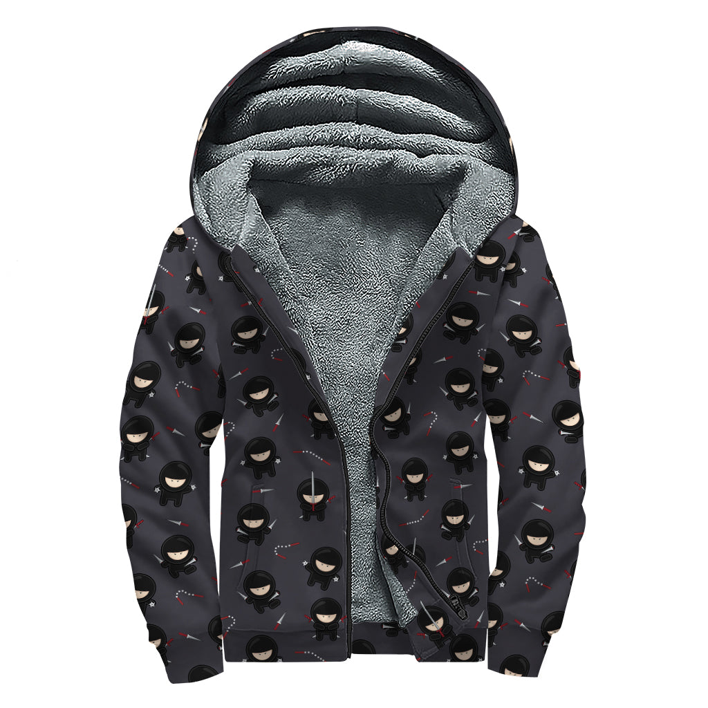 Little Ninja Pattern Print Sherpa Lined Zip Up Hoodie