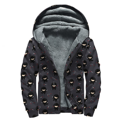 Little Ninja Pattern Print Sherpa Lined Zip Up Hoodie