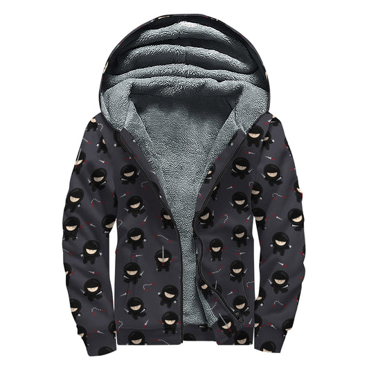 Little Ninja Pattern Print Sherpa Lined Zip Up Hoodie