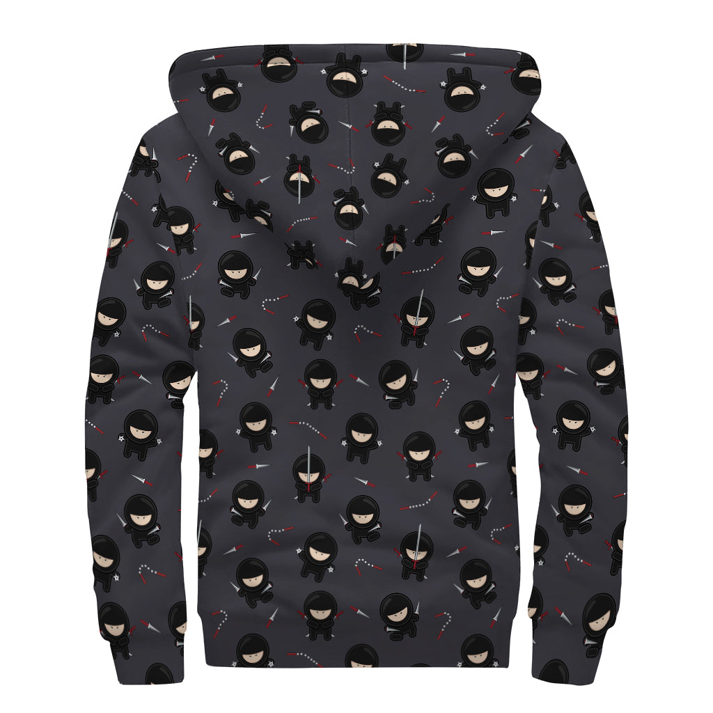 Little Ninja Pattern Print Sherpa Lined Zip Up Hoodie