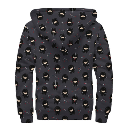 Little Ninja Pattern Print Sherpa Lined Zip Up Hoodie