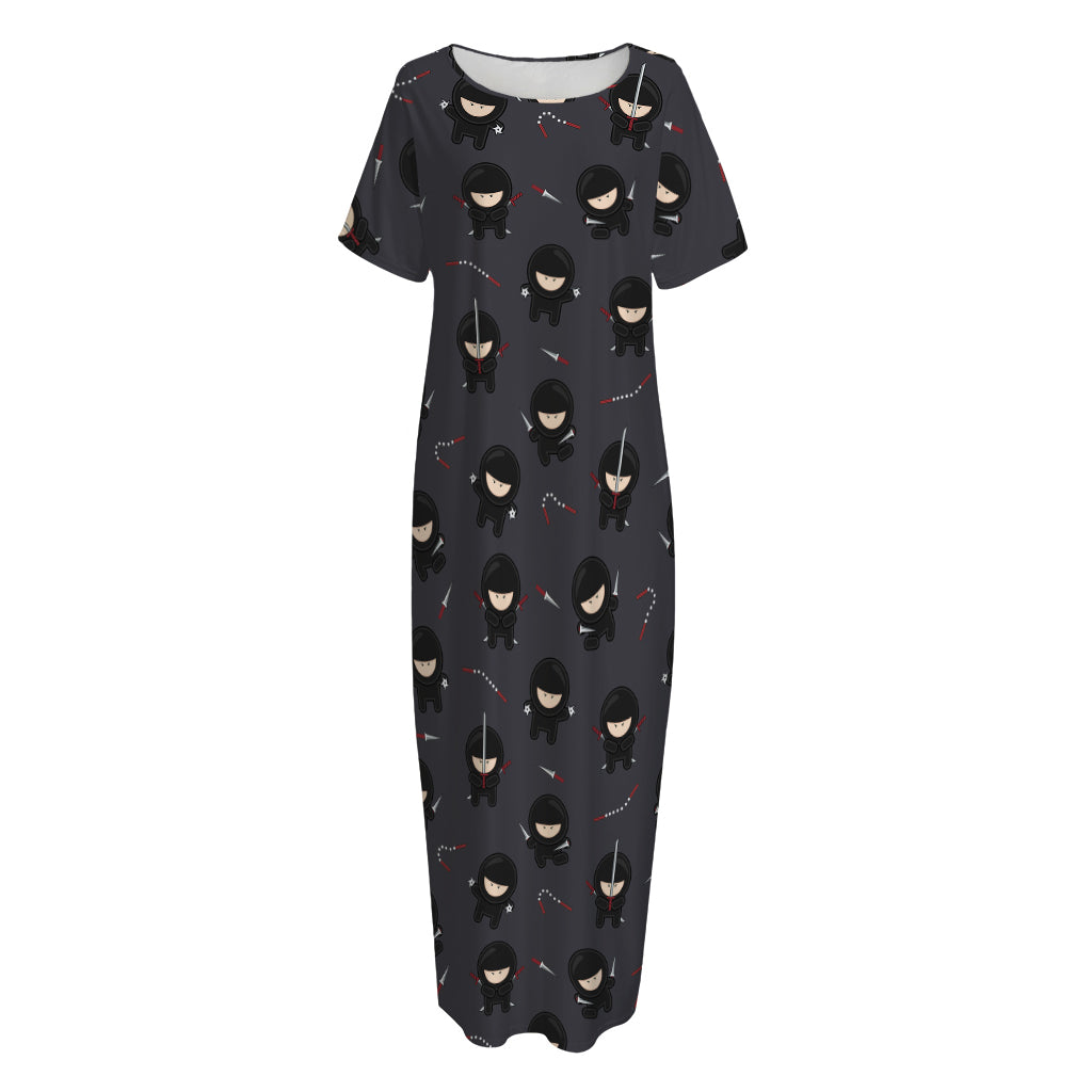 Little Ninja Pattern Print Short Sleeve Long Nightdress