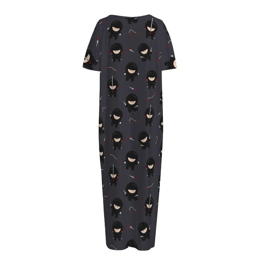 Little Ninja Pattern Print Short Sleeve Long Nightdress