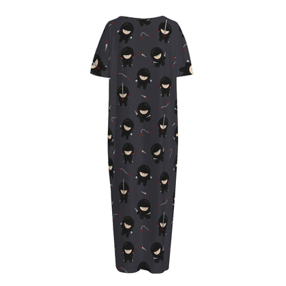 Little Ninja Pattern Print Short Sleeve Long Nightdress