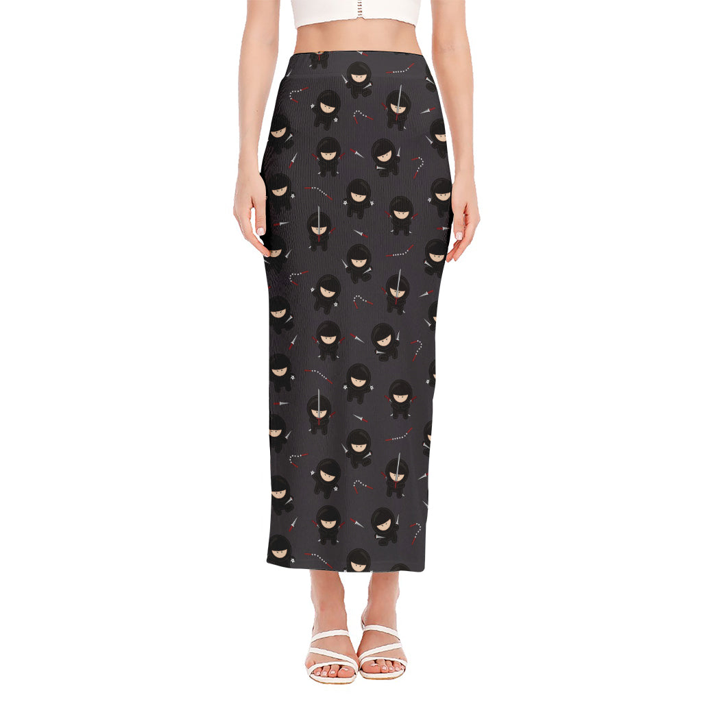 Little Ninja Pattern Print Side Slit Maxi Skirt