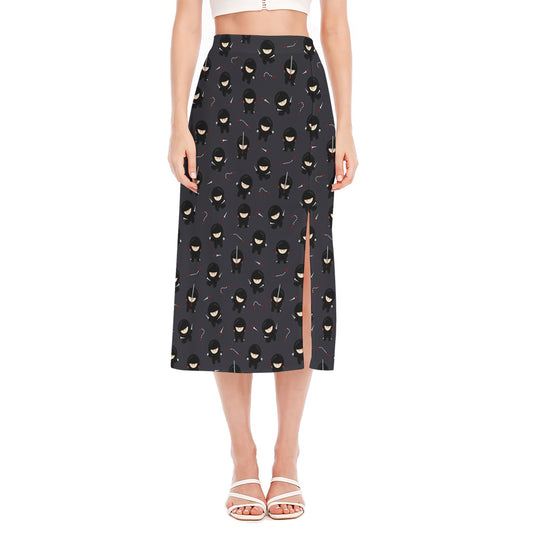 Little Ninja Pattern Print Side Slit Midi Skirt