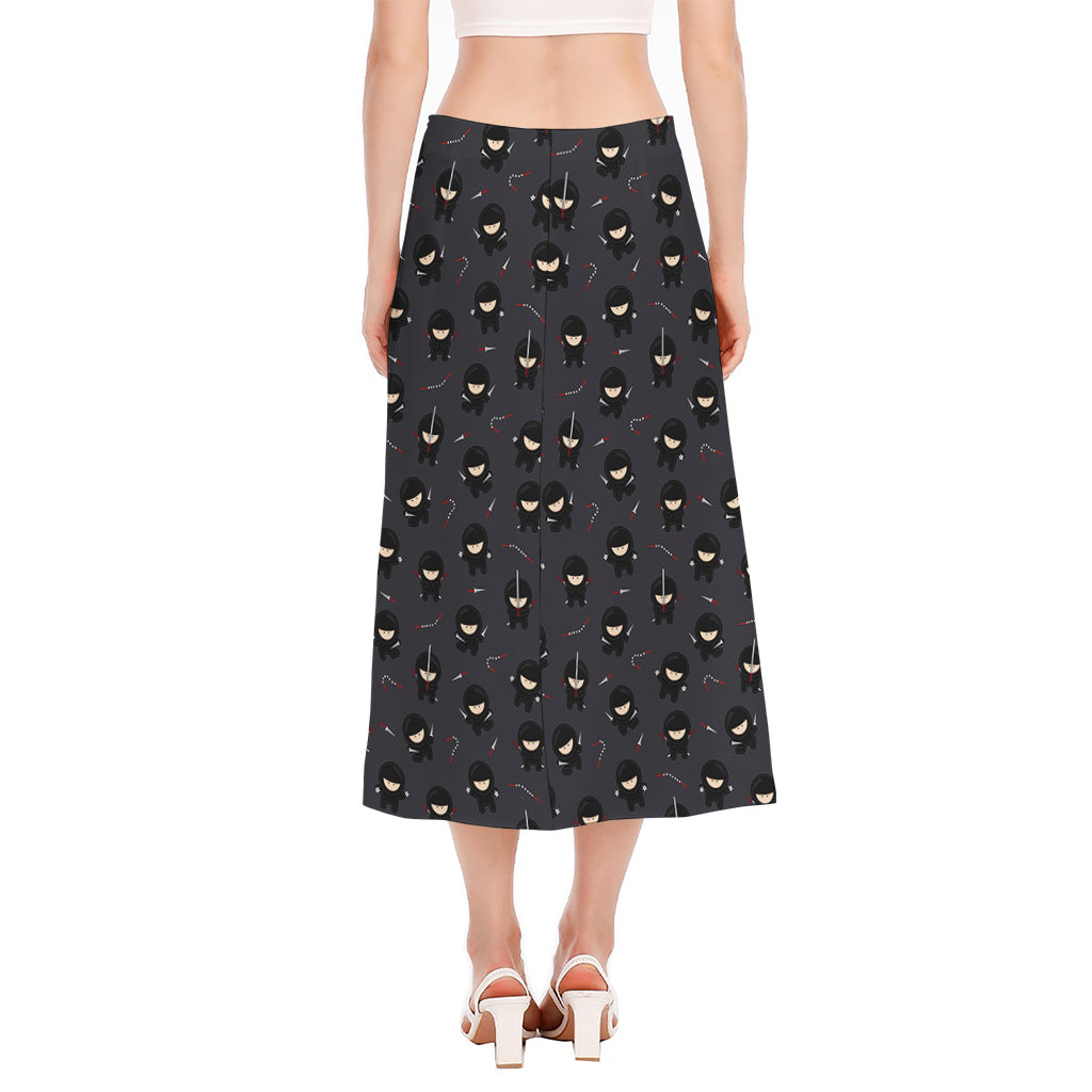 Little Ninja Pattern Print Side Slit Midi Skirt