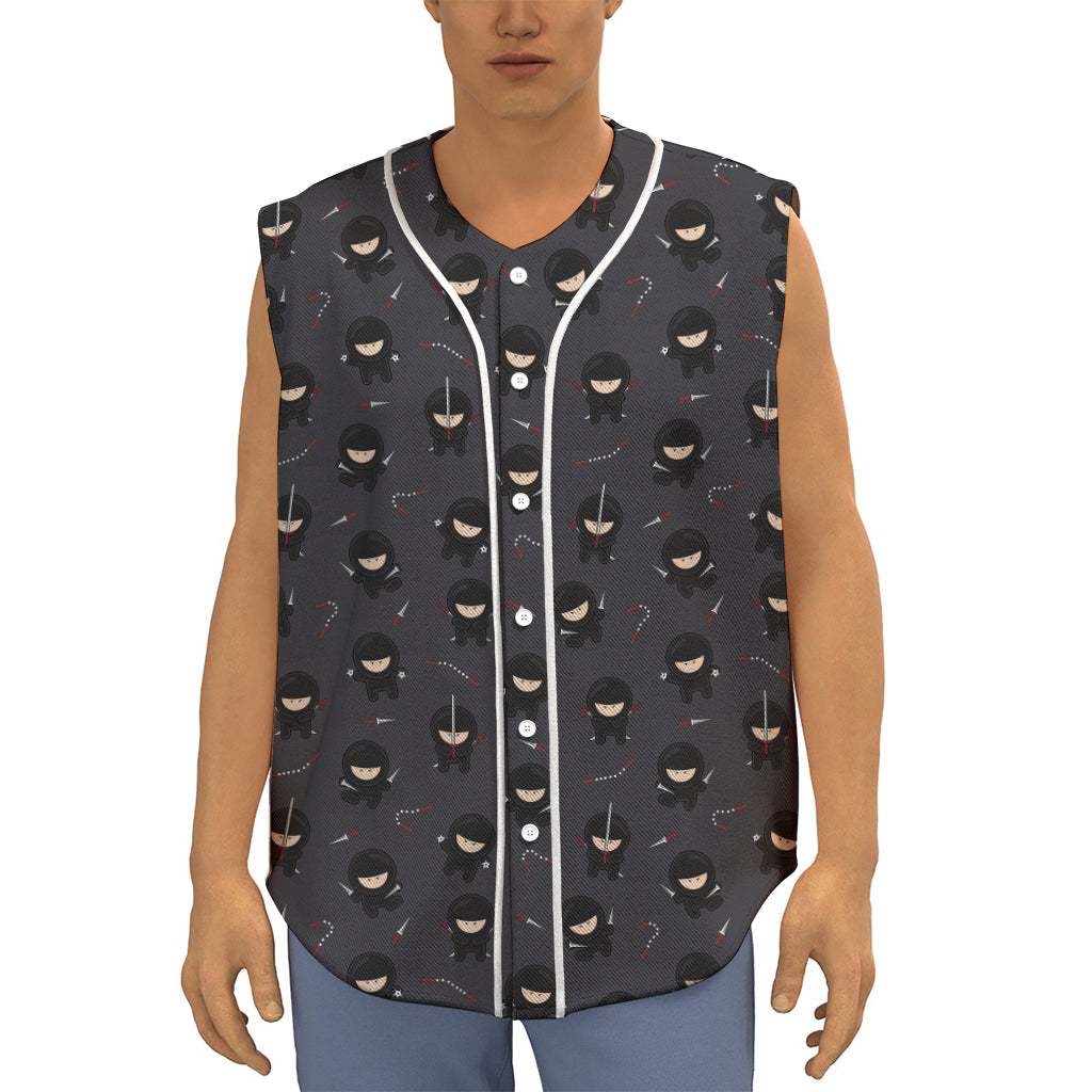Little Ninja Pattern Print Sleeveless Baseball Jersey