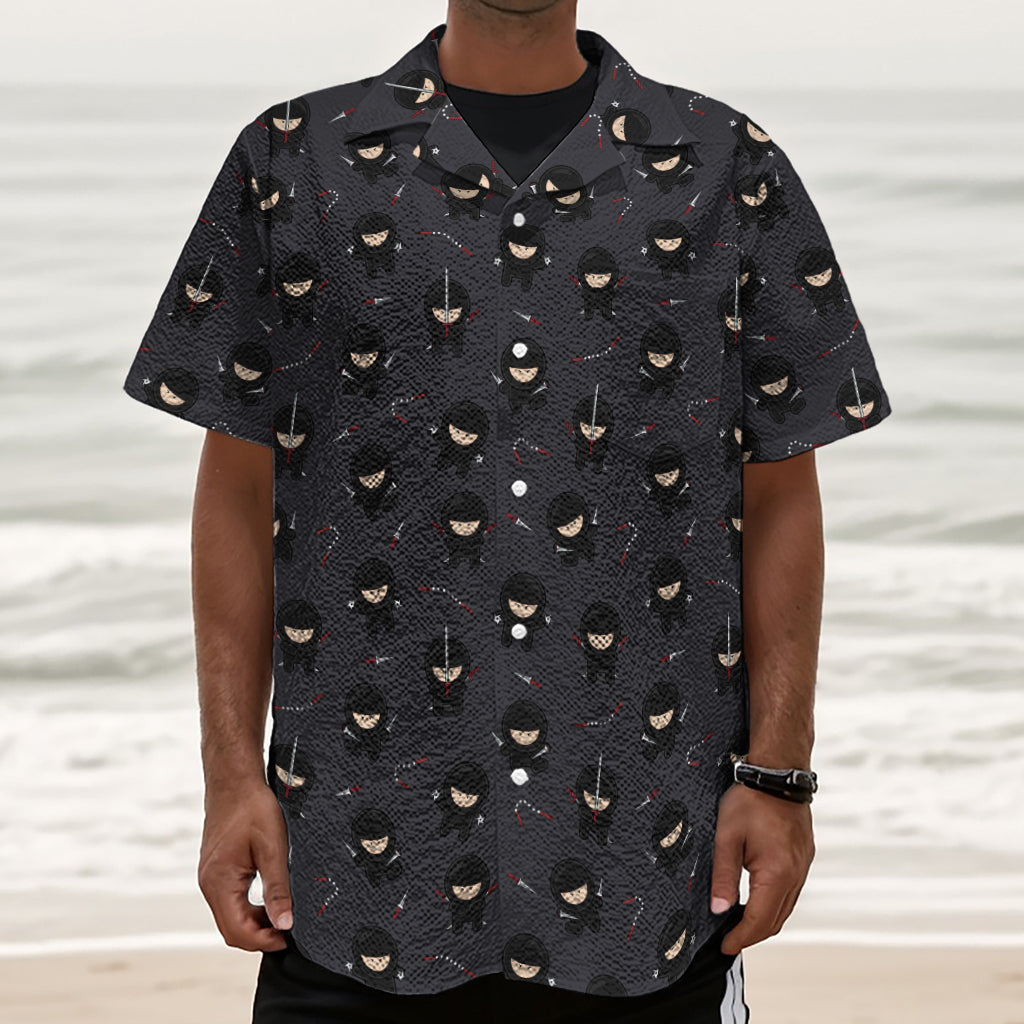 Little Ninja Pattern Print Textured Short Sleeve Shirt