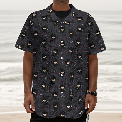 Little Ninja Pattern Print Textured Short Sleeve Shirt
